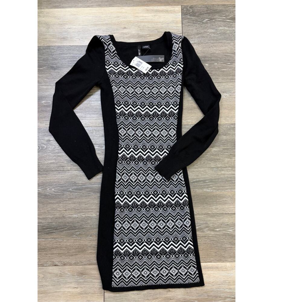 Ultra Flirt Sweater Dress Small Black White Bodycon Winter Holiday